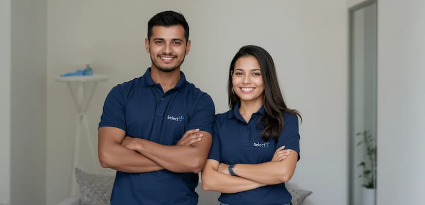 Husband and wife franchisee team in uniform and smiling with arms crossed